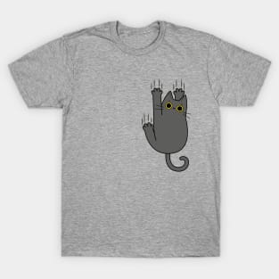 Gray cat hanging on T-Shirt
